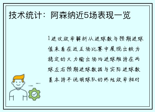 技术统计：阿森纳近5场表现一览